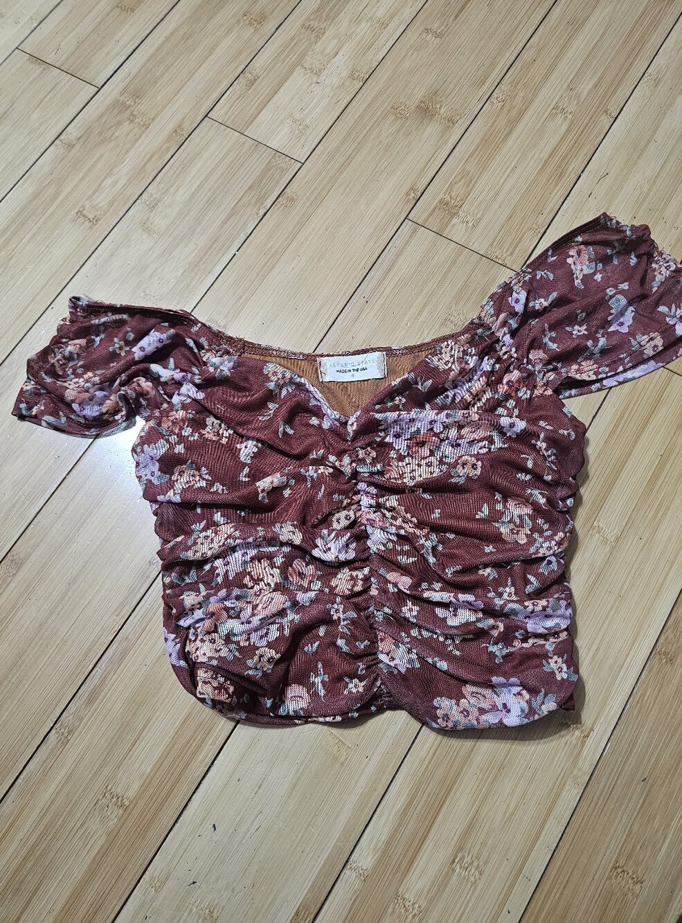 Altar'd State Burgundy Floral Ruched Off-Shoulder Crop Top